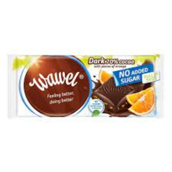 Wawel narancs ízű étcsokoládé narancs darabokkal, hozzáadott cukor nélkül, édesítőszerrel 100 g
