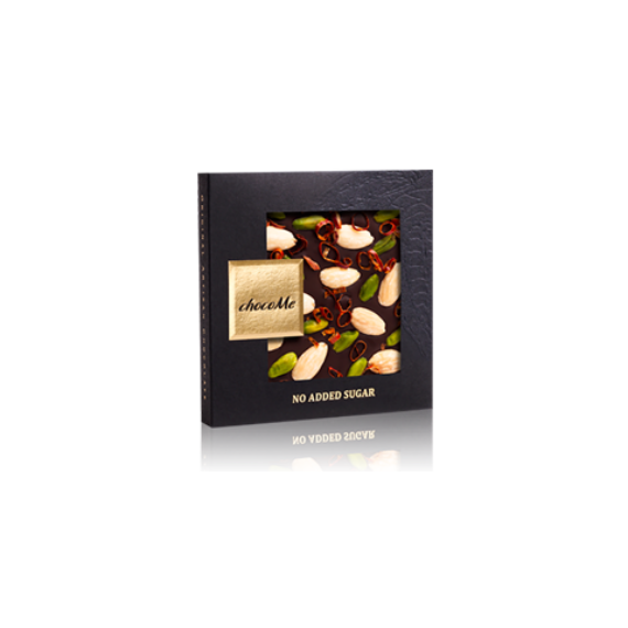 ChocoMe étcsokoládé - hozzáadott cukor nélkül - Chili karikák,  brontei pisztácia szicíliai mandula 50 gr